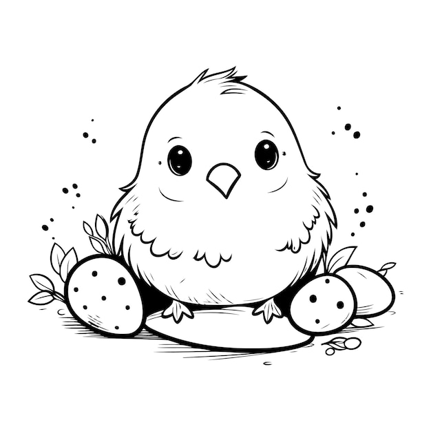 Ilustración en blanco y negro de un lindo pollito sentado en una rama con huevos