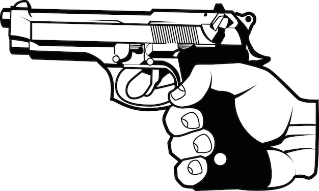 Ilustración en blanco y negro de una mano sosteniendo un arma aislada sobre fondo transparente