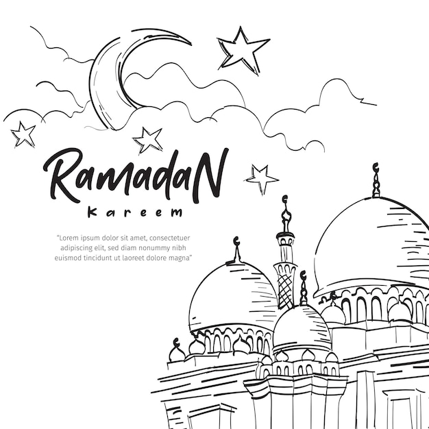 ilustración en blanco y negro mezquita dibujada a mano para feliz día islámico de mubarak ramadán