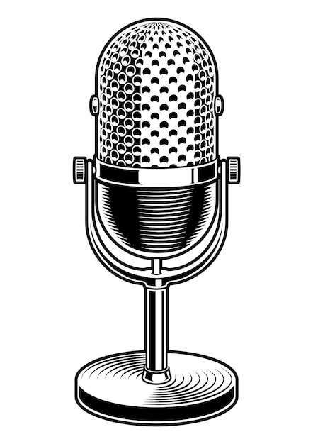Ilustración en blanco y negro de micrófono sobre fondo blanco.