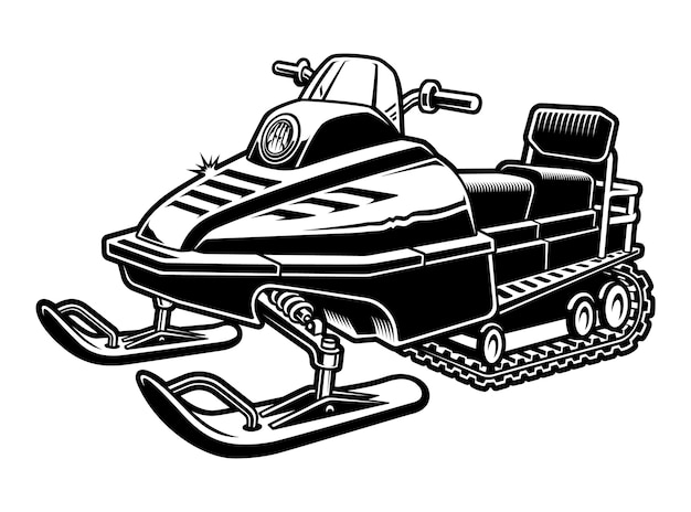 Ilustración en blanco y negro de una moto de nieve aislada sobre fondo blanco.