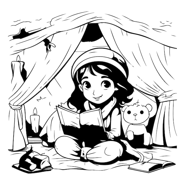 Ilustración en blanco y negro de una niña leyendo un libro en una tienda