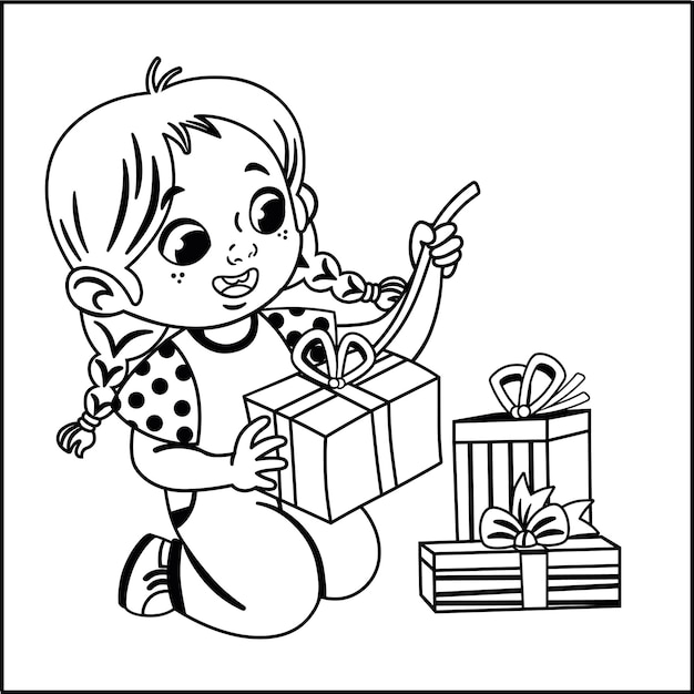 Ilustración de la niña linda abriendo paquetes de regalo ilustración  vectorial