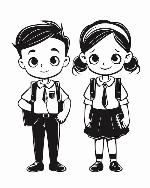 Una ilustración en blanco y negro de un niño y una niña con mochilas.