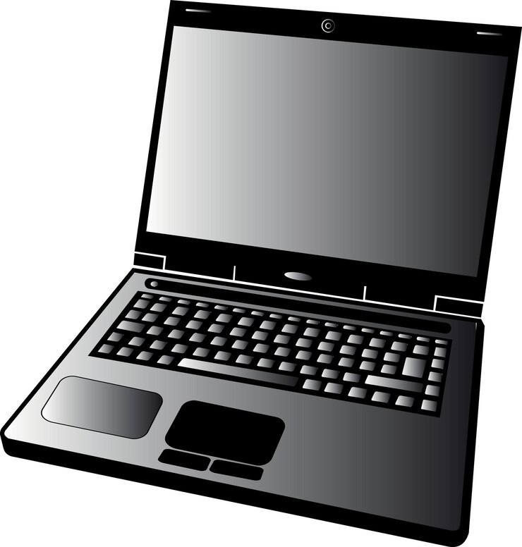 Vector ilustración en blanco y negro de un ordenador portátil aislado sobre fondo transparente