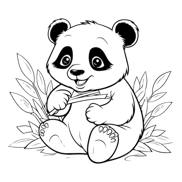 Vector ilustración en blanco y negro de un oso panda sentado en una rama con hojas