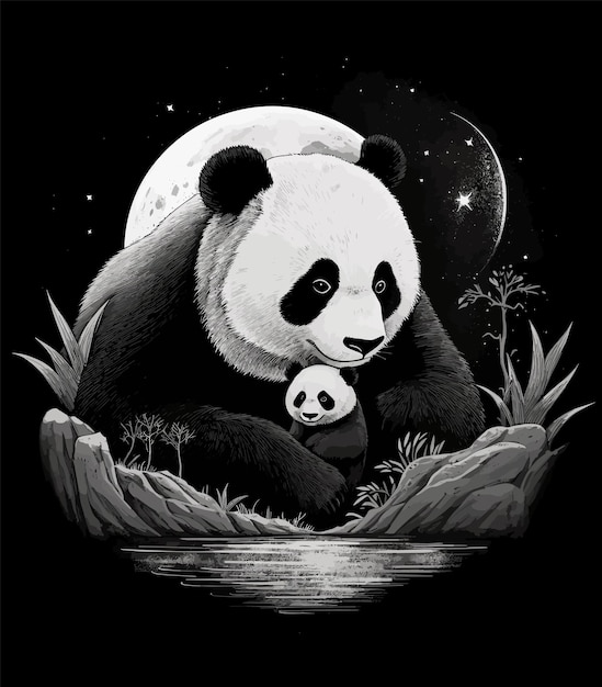 Vector ilustración en blanco y negro de un panda y un panda bebé por la noche