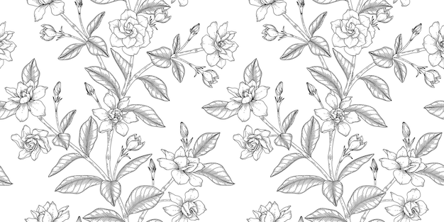 Ilustración en blanco y negro con patrón floral de gardenia