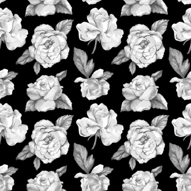 Ilustración en blanco y negro de patrones sin fisuras de rosas tiernas con hojas