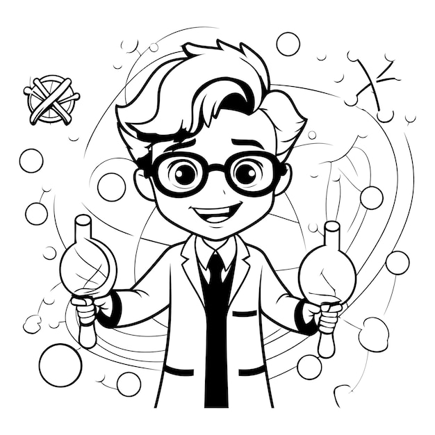 Vector ilustración en blanco y negro de un personaje científico o profesor para colorear