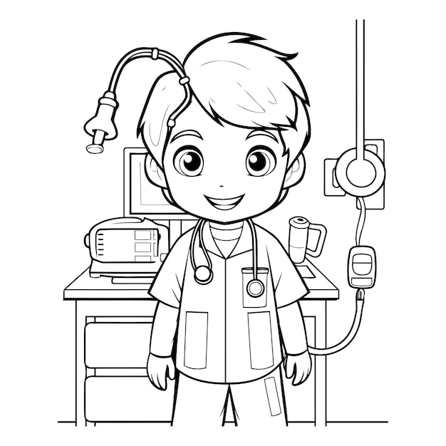 Vector ilustración en blanco y negro del personaje de kid boy doctor para libro de colorear