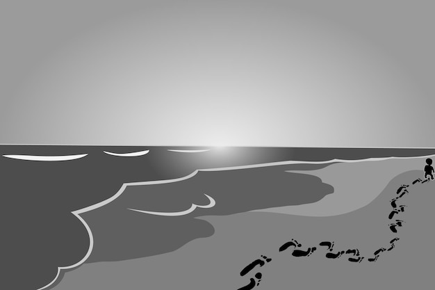 Vector una ilustración en blanco y negro de una playa con huellas en el agua.