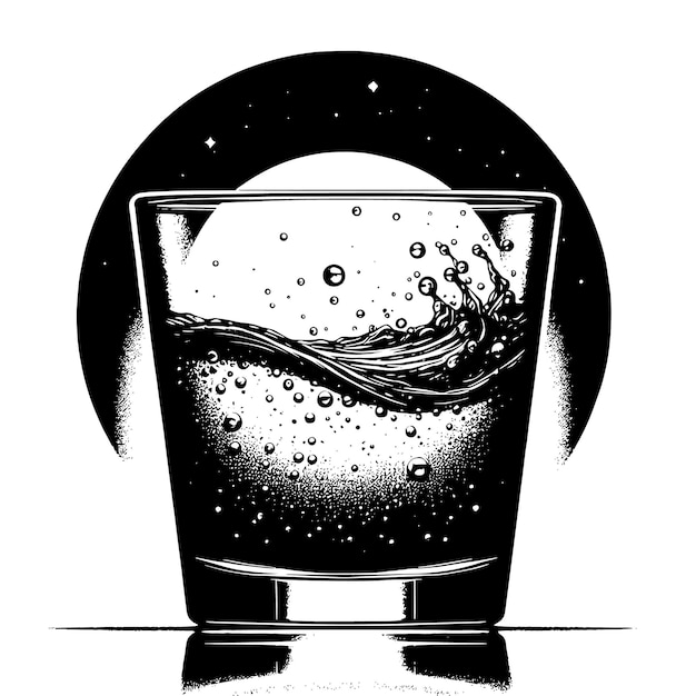 Ilustración en blanco y negro de un refrescante vaso de agua