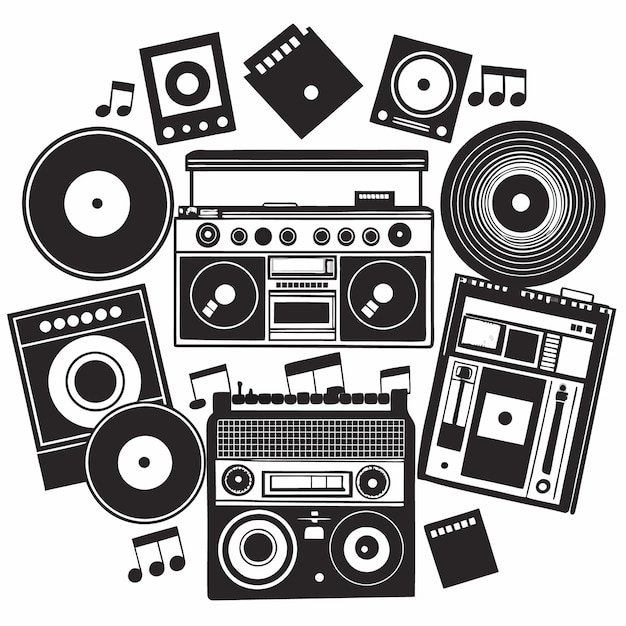 Ilustración en blanco y negro de reproductores de música antiguos