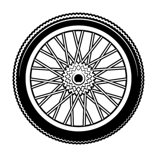 Vector ilustración en blanco y negro de rueda de bicicleta sobre fondo blanco.