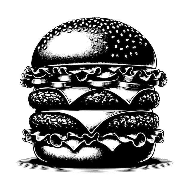 Ilustración en blanco y negro de una sabrosa hamburguesa de queso a la parrilla