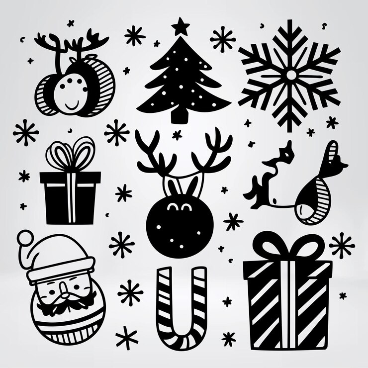 Una ilustración en blanco y negro de un saludo de Navidad con un círculo de elementos festivos