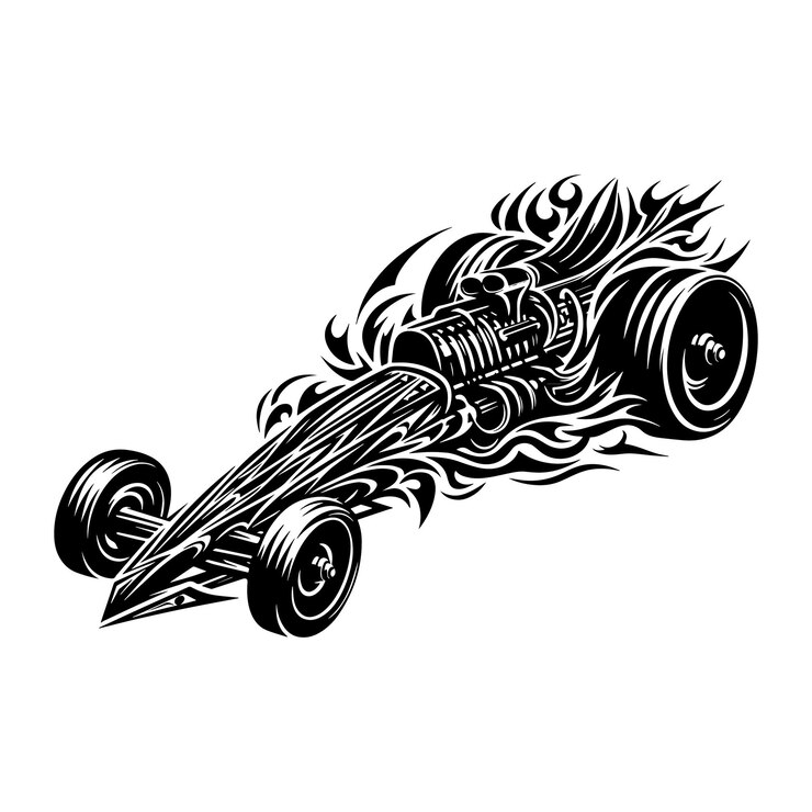 Vector ilustración en blanco y negro de la silueta de un coche dragster en tatuaje tribal