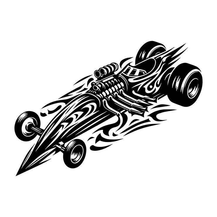 Vector ilustración en blanco y negro de la silueta de un coche dragster en tatuaje tribal