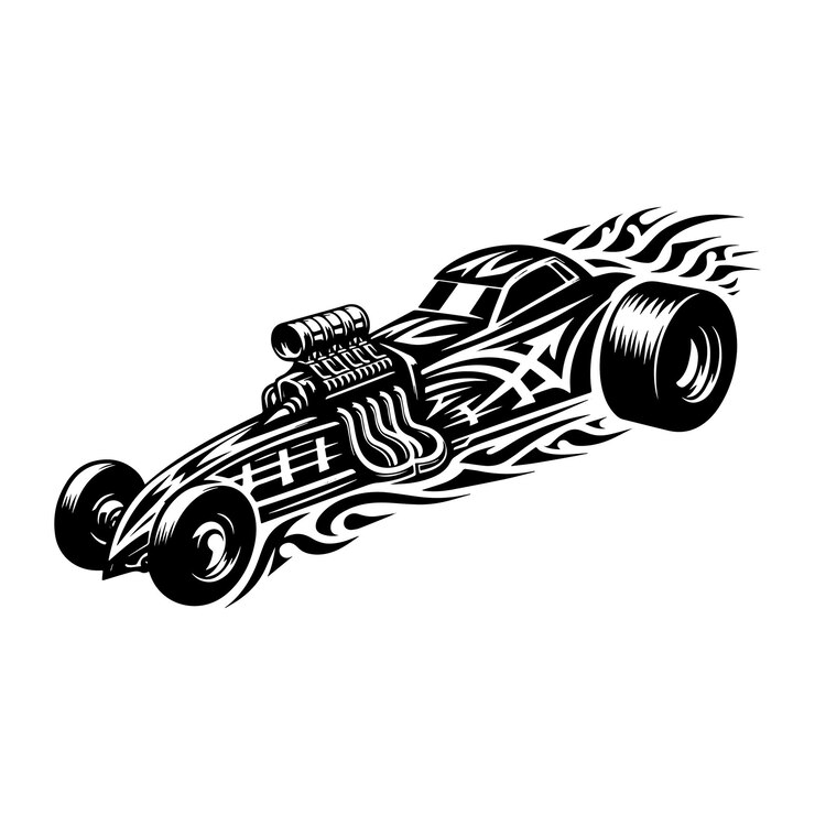 Vector ilustración en blanco y negro de la silueta de un coche dragster en tatuaje tribal