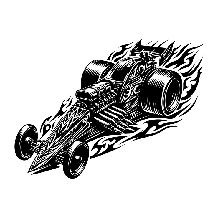 Vector ilustración en blanco y negro de la silueta de un coche dragster en tatuaje tribal