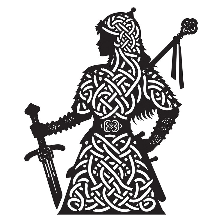 Vector ilustración en blanco y negro de la silueta femenina del guerrero mongol en el patrón del nudo celta