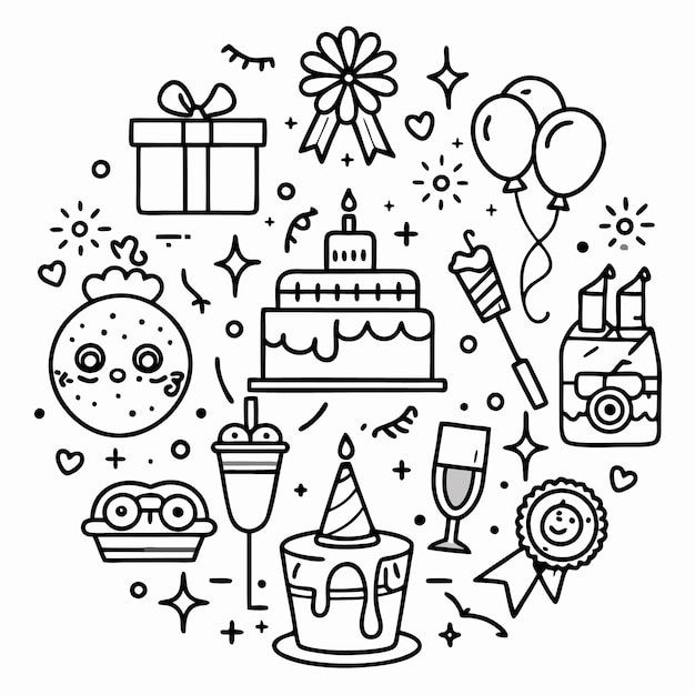 Una ilustración en blanco y negro de varios iconos de la fiesta de cumpleaños