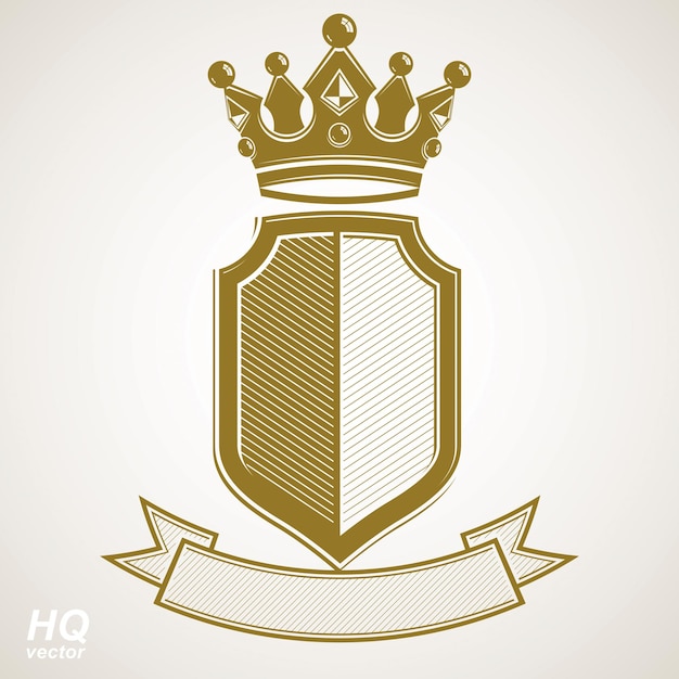 Ilustración de blasón real heráldico - escudo de armas decorativo a rayas imperiales. Escudo vectorial con corona de rey y cinta estilizada. Elemento majestuoso, ideal para uso en diseño gráfico y web.