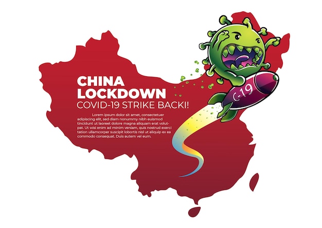 ilustración del bloqueo de china porque covid-19 revivió con un fondo de mapa rojo de china