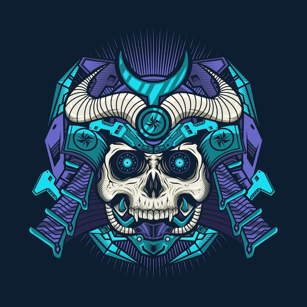 Ilustración de Blue Samurai Skull Cyborg con casco Diseño vectorial detallado