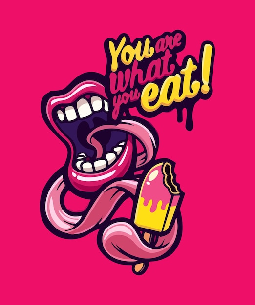 una ilustración de la boca con las palabras eres lo que comes