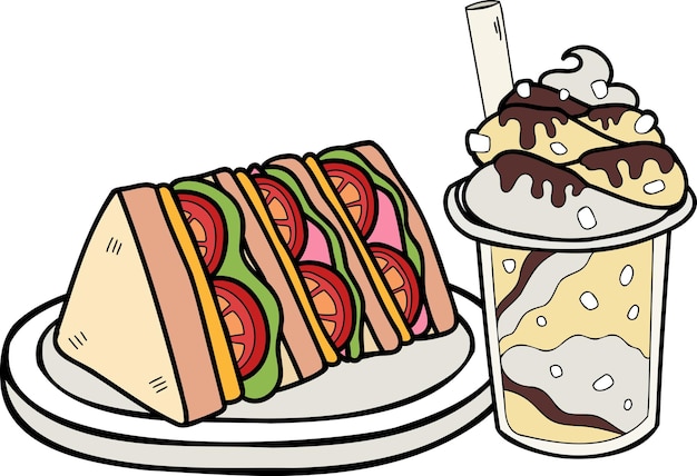 Vector ilustración de bocadillos y bebidas dibujados a mano