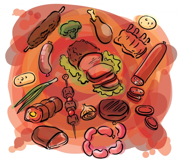 Ilustración de boceto conjunto de alimentos de carne