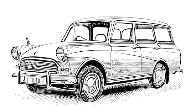 Ilustración de boceto dibujado a mano de coche retro