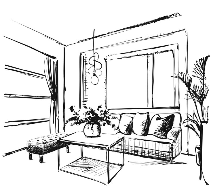 Ilustración de boceto interior blanco negro gráfico de sala de estar