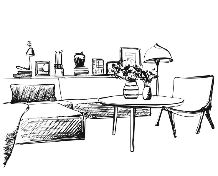 Ilustración de boceto interior blanco negro gráfico de sala de estar
