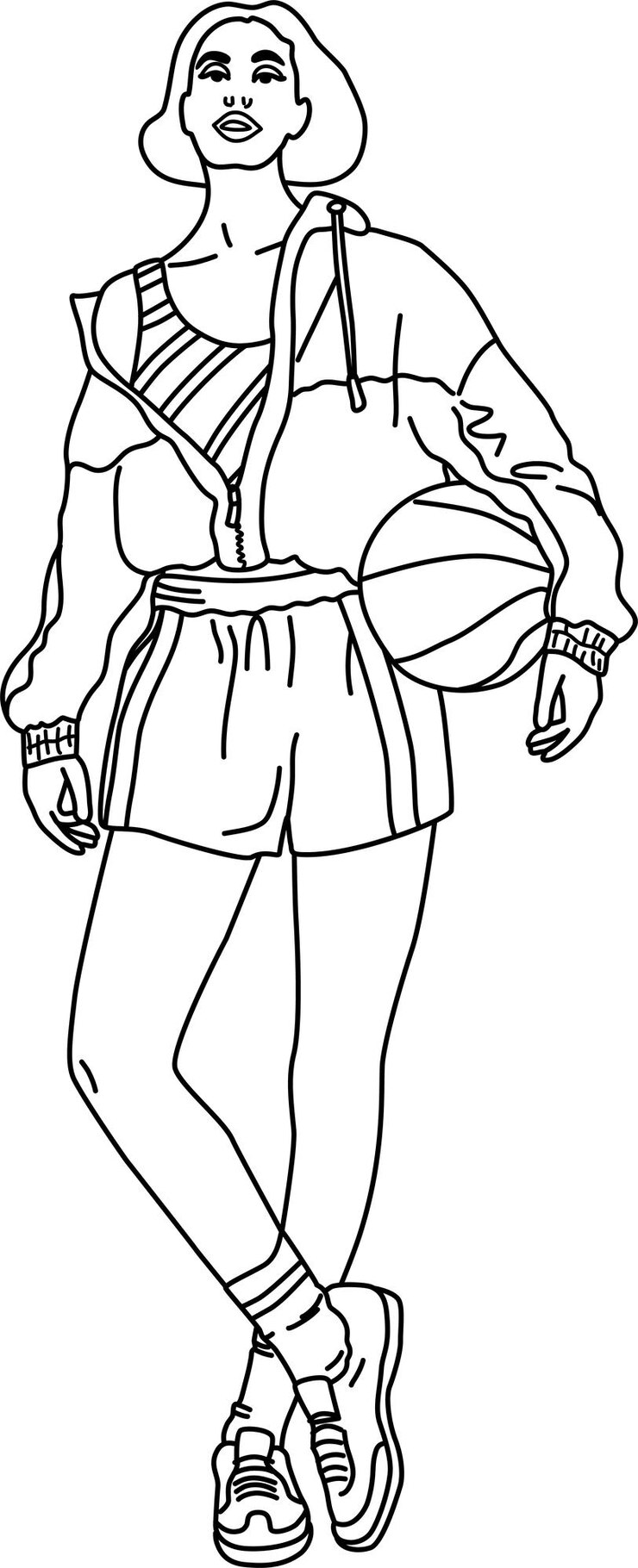 Vector ilustración de boceto de una jugadora de baloncesto deportiva chica alta con una pelota en una postura de moda