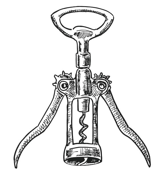 Ilustración de boceto de sacacorchos de vino Botella de bebidas alcohólicas Dispositivo metálico abierto con mango Corcho