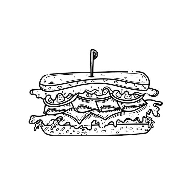 Ilustración de boceto de sándwich dibujado a mano Ilustración de garabato de sándwich sobre fondo blanco