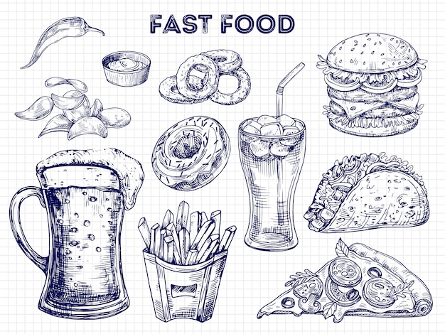 Ilustración de bocetos de comida rápida, bocadillos y bebidas