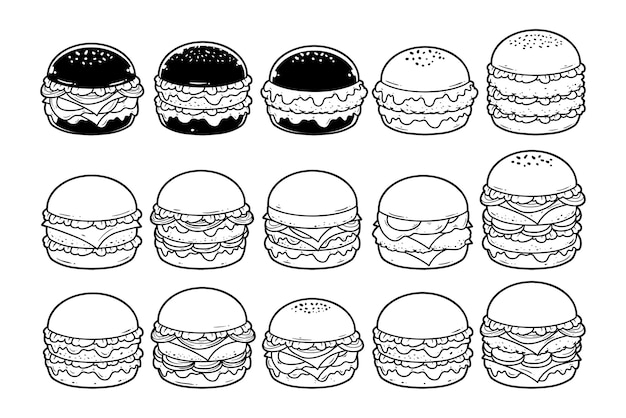 Ilustración de bocetos con contornos vectoriales de varios elementos de hamburguesa