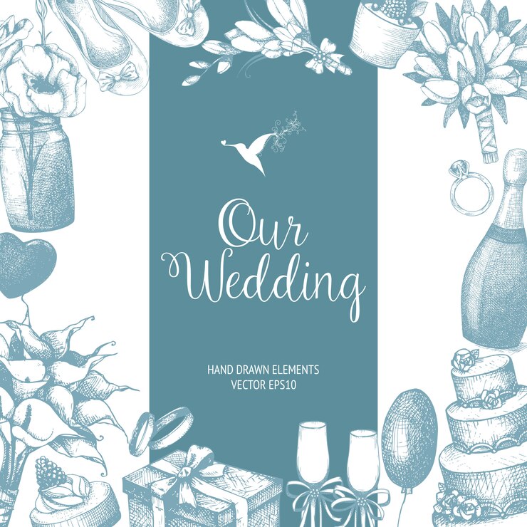 Vector con ilustración de boda dibujado a mano en blanco. fondo de dibujo de boda plantilla vintage