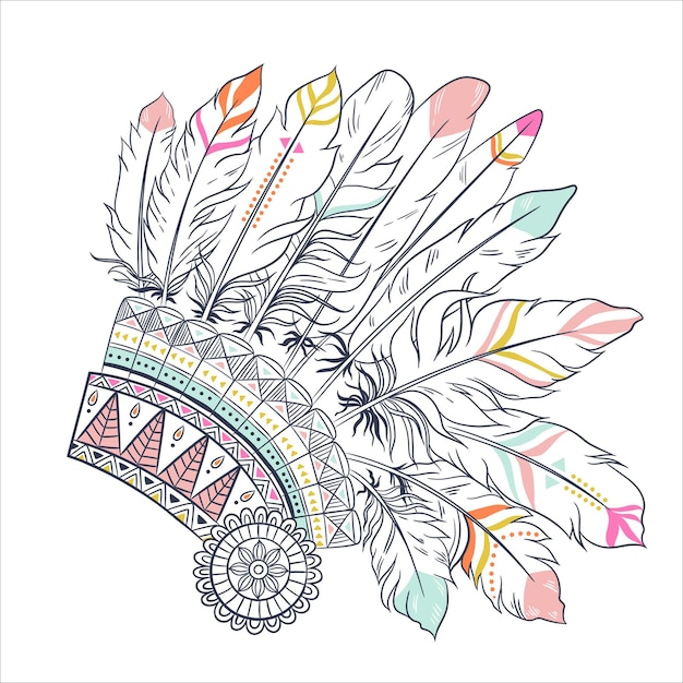 Ilustración boho con tocado de plumas.