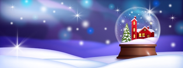 Ilustración de bola de nieve de vacaciones de Navidad con casa de pueblo roja, derivas, pino, estrellas brillantes