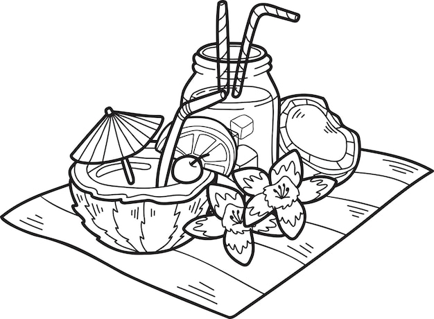 Ilustración de bolas de coco y agua de coco dibujadas a mano