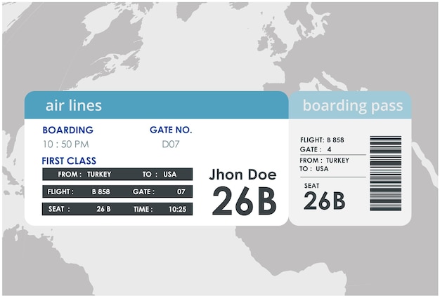 Ilustración de boleto de viaje en avión diseño de tarjeta de embarque de avión diseño de tarjeta de embarque de avión