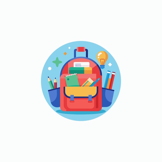 Ilustración de la bolsa escolar con suministros escolares