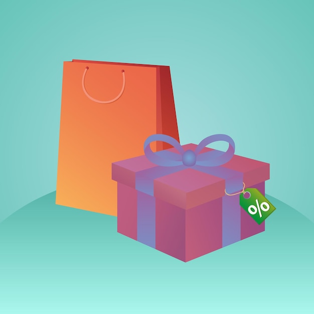 Ilustración de bolsas de la compra, caja de regalo y etiqueta con descuento fo