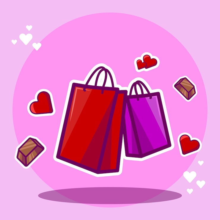 Vector ilustración de bolsas de compras para parejas con corazones y chocolates en vector