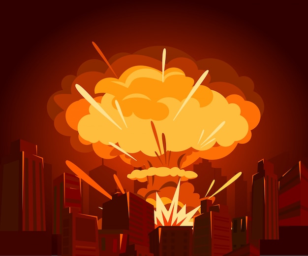 Vector ilustración de la bomba atómica en la ciudad. concepto de guerra y fin del mundo en e. peligros de la energía nuclear.